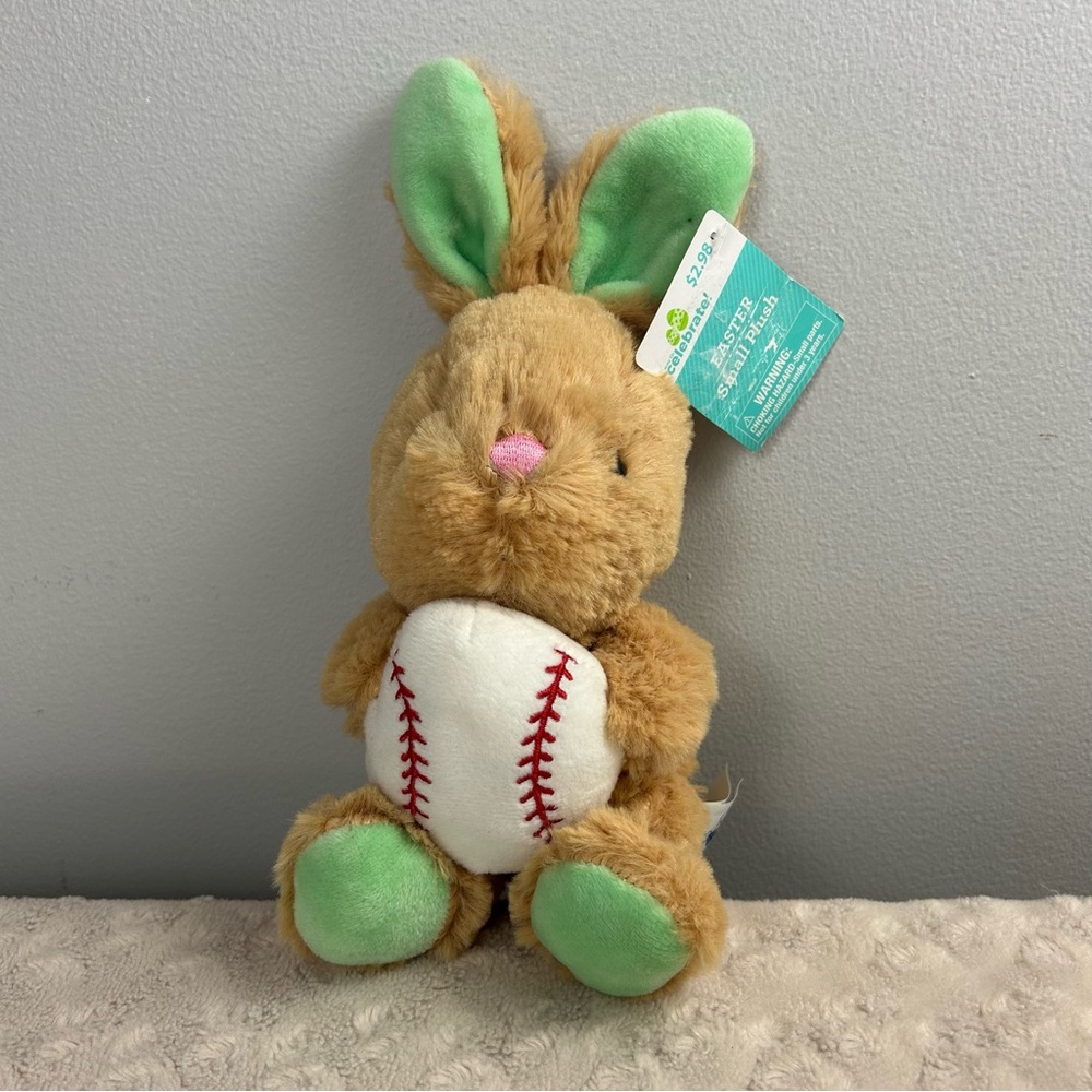 HugFun Bunny Rabbit Holding Baseball Plush Stuffed Animal Toy Tan Green White
